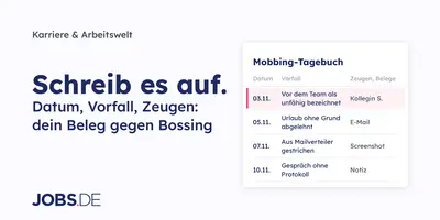 Mobbing-Tagebuch mit Datum, Vorfall, Zeugen und Belegen